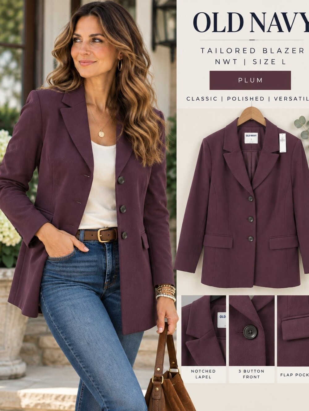 NWT Old Navy Plum Wine Tailored 3 Button Blazer Jacket L